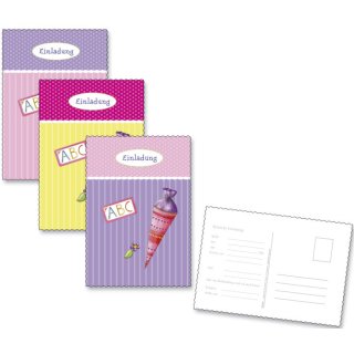 Einladungspostkarte Schulanfang - 6 Stück, rosa-bunt