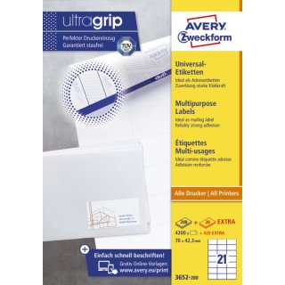 Avery Zweckform® 3652-200 Universal-Etiketten, 70 x 42,3 mm, Geeignet für Deutsche Post INTERNETMARKE, 200 Blatt/4.200 Etiketten, weiß