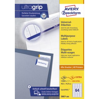 Avery Zweckform® 3667-200 Universal-Etiketten, 48,5 x 16,9 mm, 200 Blatt/12.800 Etiketten, weiß