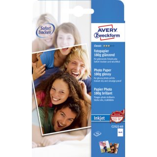 Avery Zweckform® C2522-60 Classic Inkjet Fotopapier, 10x15, einseitig beschichtet - glänzend, 180 g/m², 60 Blatt