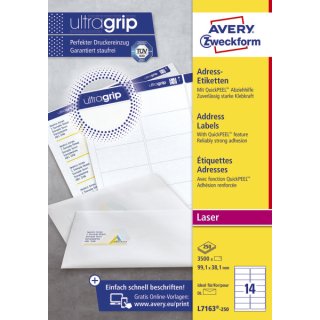 Avery Zweckform® L7163-250 Adress-Etiketten, 99,1 x 38,1 mm, 250 Blatt/3.500 Etiketten, weiß