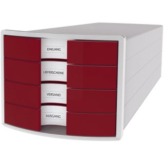 Schubladenbox IMPULS - A4/C4, 4 geschlossene Schubladen, lichtgrau/rot