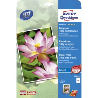 Avery Zweckform® 2482-20 Premium Inkjet Fotopapier, DIN A4, einseitig beschichtet - hochglänzend, 300 g/m², 20 Blatt