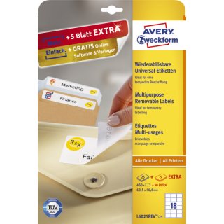 L6025REV-25 Universal-Etiketten, 63,5 x 46,6 mm, 30 Bogen/540 Etiketten, weiß