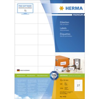 Herma 4450 Etiketten Premium A4, weiß 70x32 mm Papier matt 2700 St.