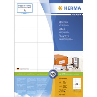 Herma 4451 Etiketten Premium A4, weiß 70x42 mm Papier matt 2100 St.