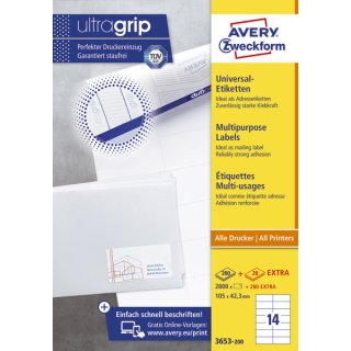 Avery Zweckform® 3653-200 Universal-Etiketten, 105 x 42,3 mm, Geeignet für Deutsche Post INTERNETMARKE, 200 Blatt/2.800 Etiketten, weiß