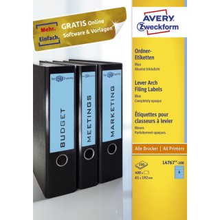 Avery Zweckform® L4767-100 Ordner-Etiketten, 61 x 192 mm, 100 Blatt/400 Etiketten, blau