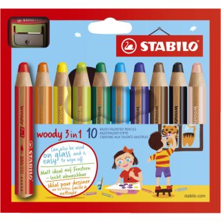 Multitalent-Stift woody 3 in 1, Kartonetui mit 10 Stiften und 1 Spitzer