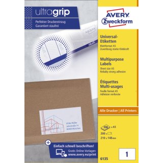 Avery Zweckform® 6135 Universal-Etiketten (A5, Papier matt, 200 Etiketten, 210 x 148 mm) 200 Blatt weiß