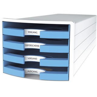 Schubladenbox IMPULS - A4/C4, 4 offene Schubladen, weiß/hellblau