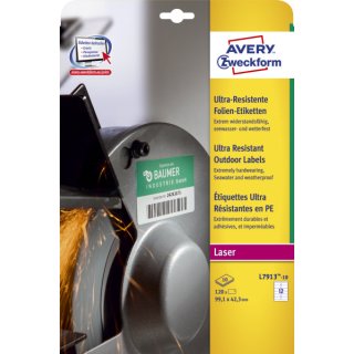 Avery Zweckform® L7913-10 Ultra-Resistente Folien-Etiketten - A4, 120 Stück, 99,1 x 42,3 mm, 10 Blatt weiß