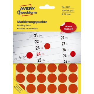 Avery Zweckform® 3374 Markierungspunkte, 18 mm, 22 Blatt/1.056 Etiketten, rot