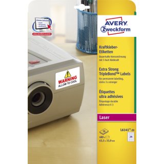 Avery Zweckform® L6141-20 Kraftkleber-Etiketten, 63,5 x 33,9 mm, wetterfest, 20 Blatt/480 Etiketten, weiß