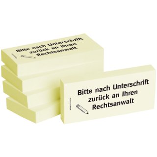 Bedruckte Haftnotizen-Text: Bitte nach Unterschrift zurück an Ihren Rechtsanwalt