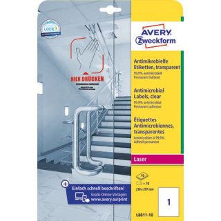 Avery Zweckform® L8011-10 Antimikrobielle Etiketten - transparent, 210 x 297 mm, 10 Bogen/10 Etiketten, transparent
