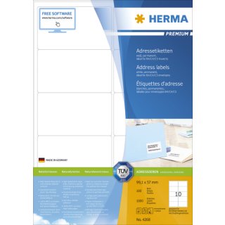 Herma 4268 Adressetiketten Premium A4, weiß 99,1x57 mm Papier matt 1000 St.