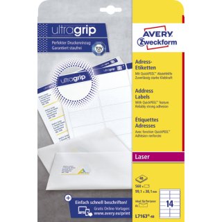Avery Zweckform® L7163-40 Adress-Etiketten, 99,1 x 38,1 mm, 40 Blatt/560 Etiketten, weiß