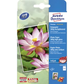 Avery Zweckform® C2553-40 Premium Inkjet Fotopapier, 10x15, einseitig beschichtet - hochglänzend, 300 g/m², 40 Blatt